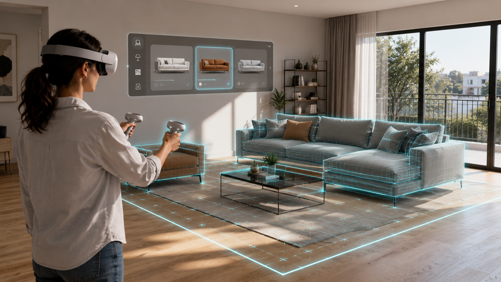 Designer in a VR headset placing and swapping furniture on a glowing floor grid in a real living room