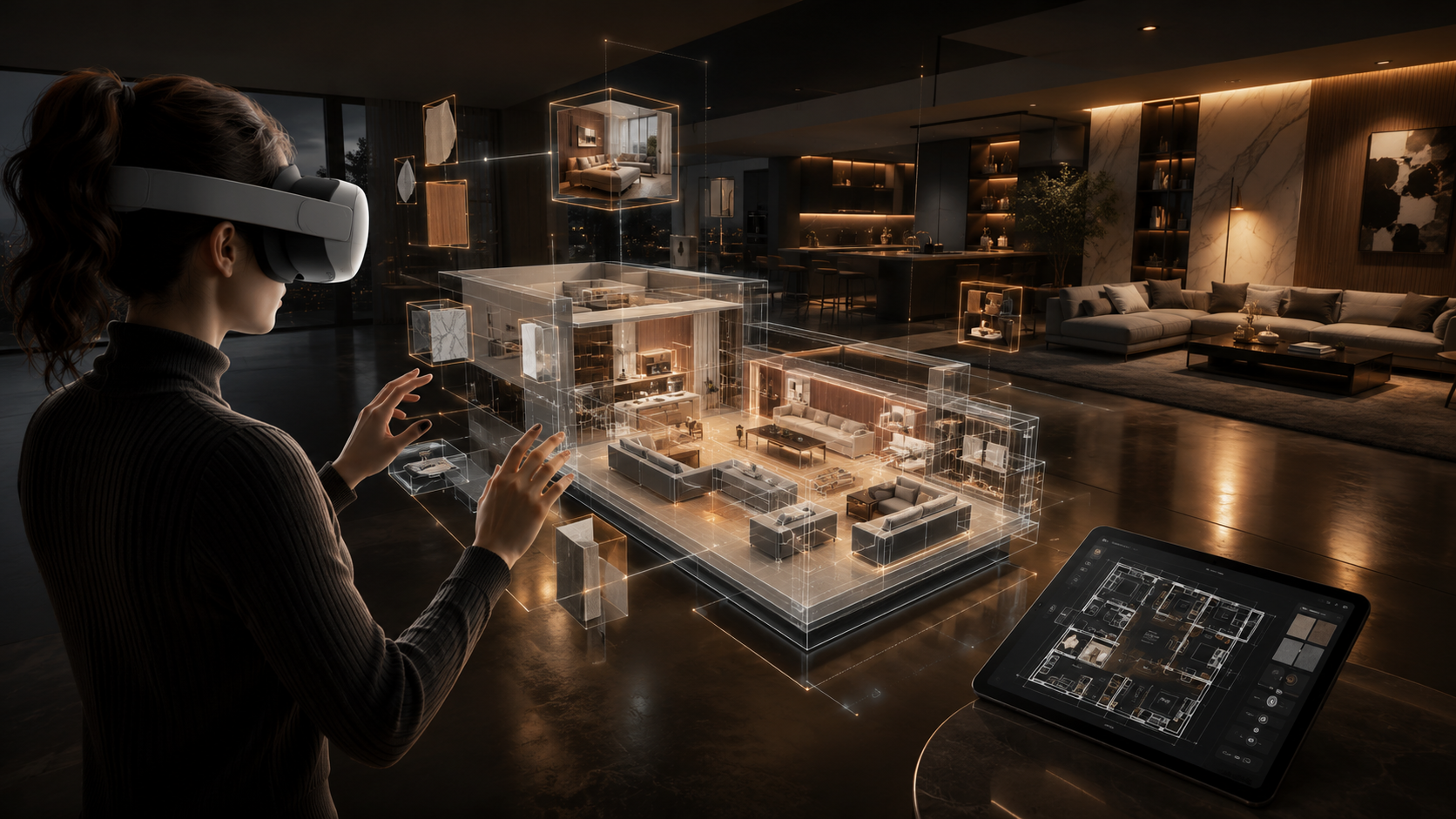 Designer in a VR headset shaping a holographic interior model of a living space