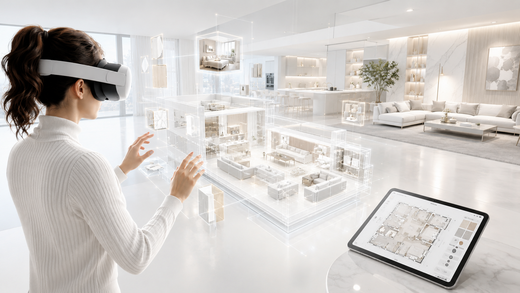 Designer in a VR headset shaping a holographic interior model of a bright living space
