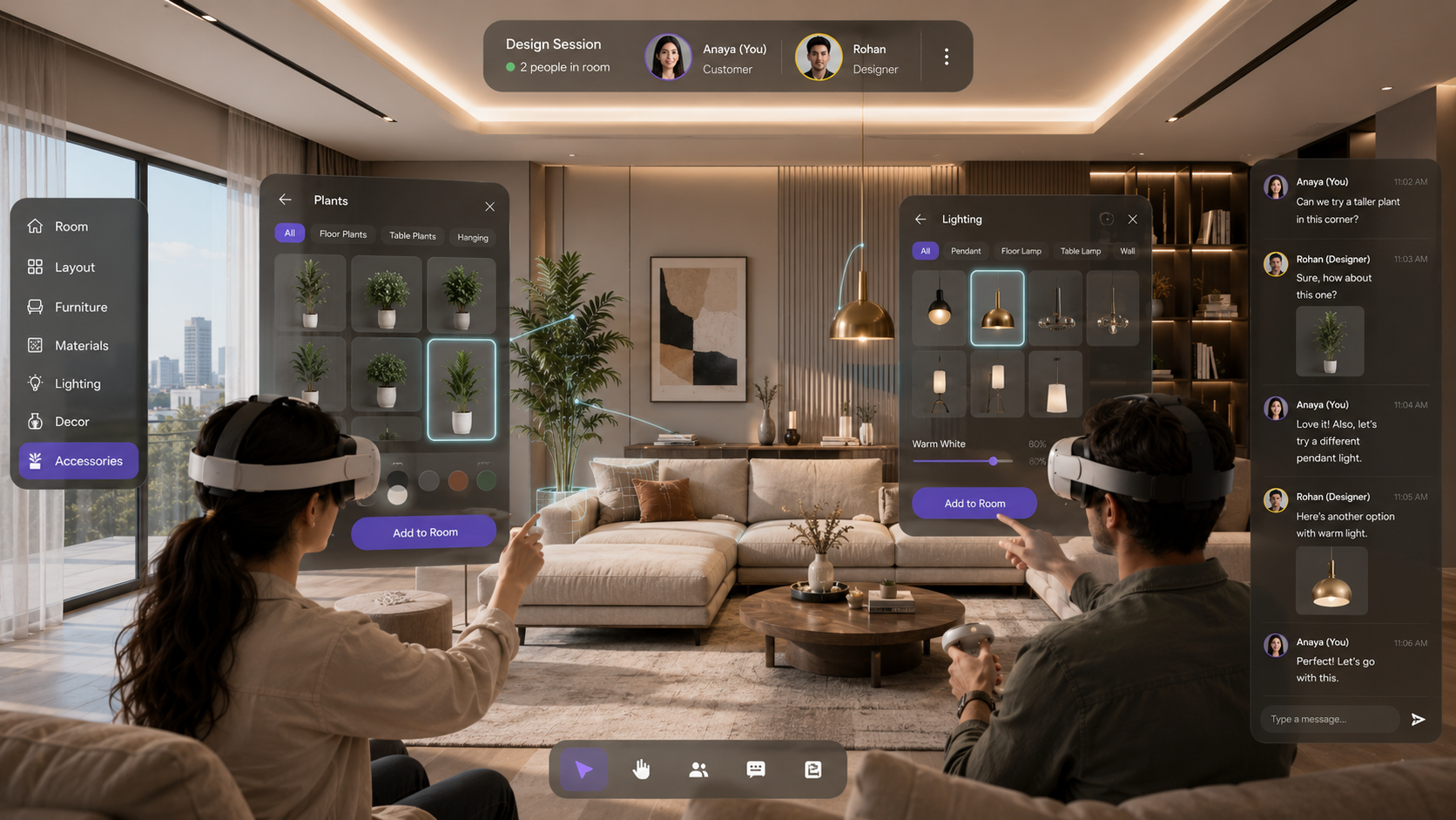 Designer and client both in VR headsets in the same virtual living room, choosing plants and lighting from floating panels