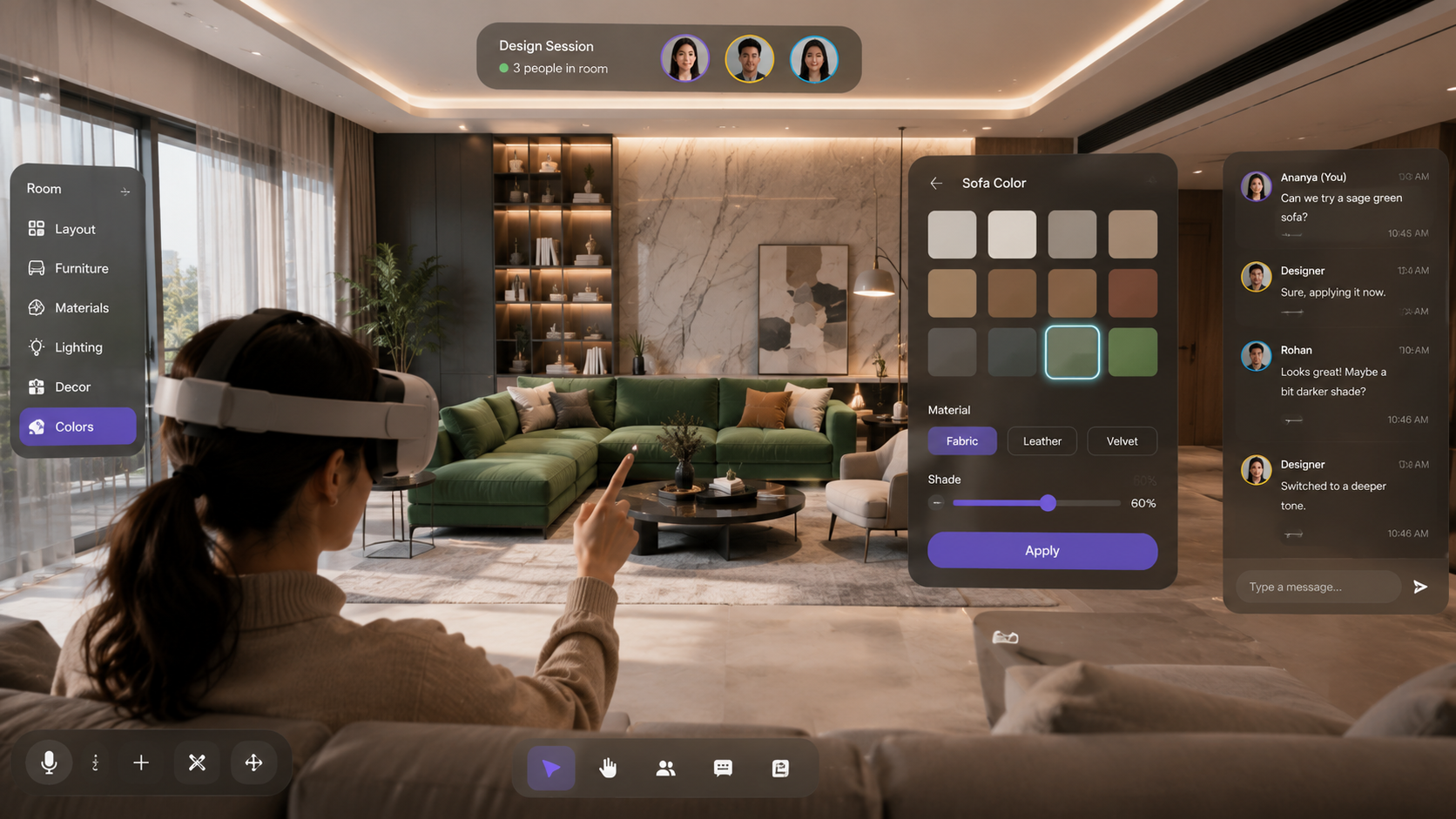 Client in a VR headset choosing a sofa colour and material with a live design panel while chatting with the designer