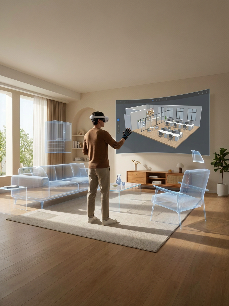 Client walking through a virtual room, rearranging translucent furniture in VR